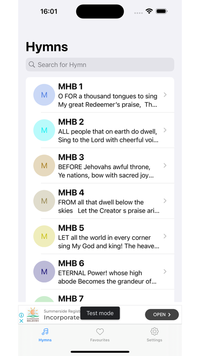 MHB Hymns tab with Search for Hymn field, numbered hymn rows, bottom navigation, and ad banner