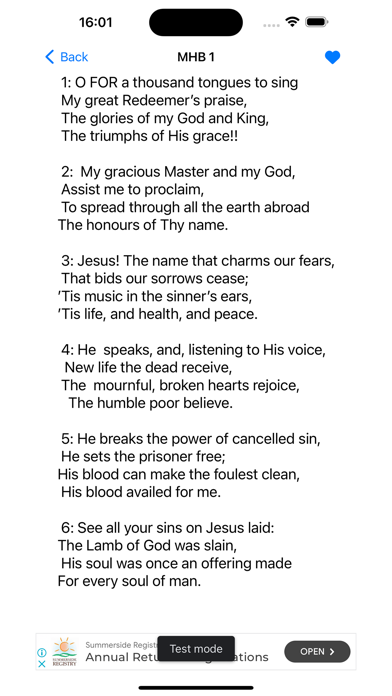 MHB 1 hymn detail screen showing stanza text for O FOR a thousand tongues to sing