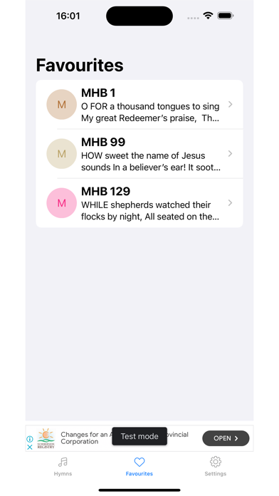 MHB Favourites tab showing saved hymn rows for MHB 1, MHB 99, and MHB 129